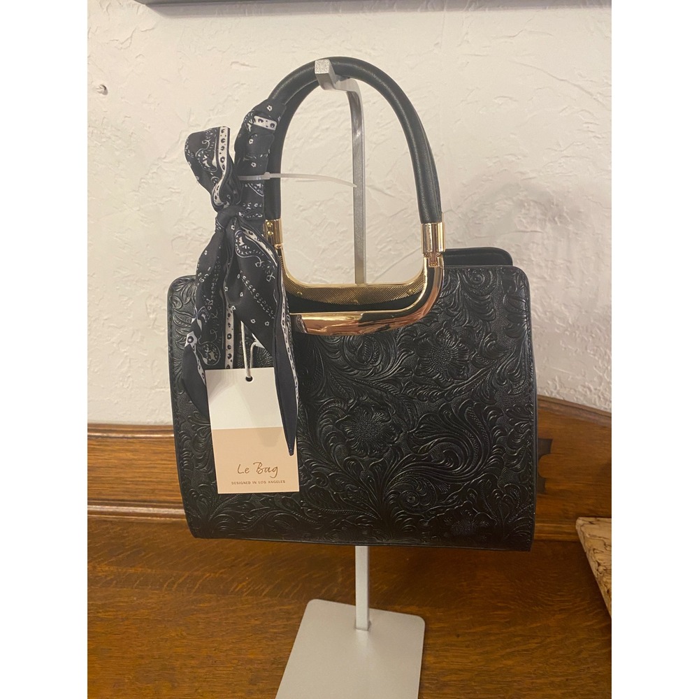 Le Bag Los Angeles Black Embossed Floral Satchel Handbag with Paisley Scarf NEW